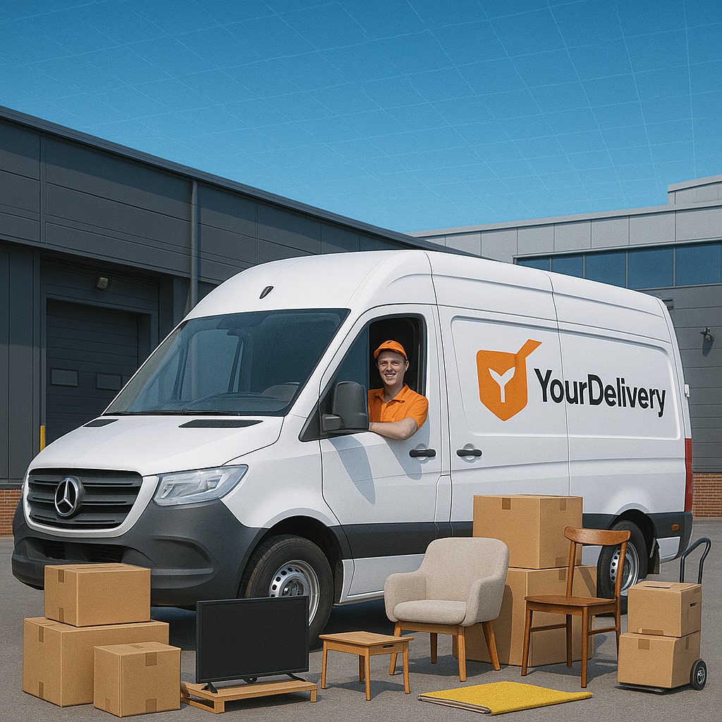 Professional movers handling a sofa